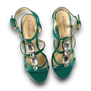 KELLY & Katie Rachel Metallic Turquoise Green Rhinestone Wedge Platform Size 6.5